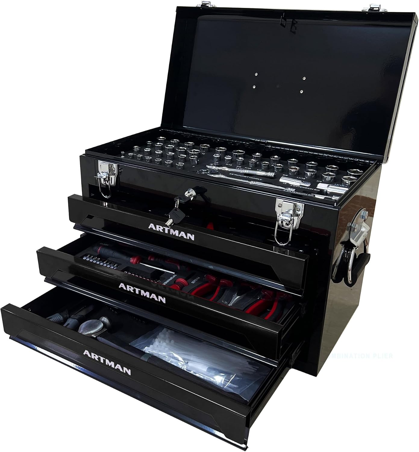 20' Portable 3 Drawer Steel Toolbox,Built in Tool Set,4 Layers of Tools with Metal Latches, with Top Storage Tray and carrying Handle, Multi-Function Tool Storage for Garage, Home,or Workbench
