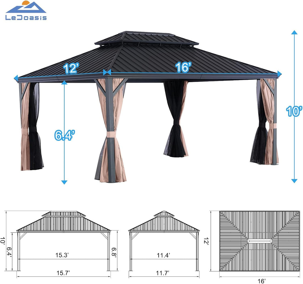 LeDoasis Blazar Hardtop Gazebo 12' X 16' with Nettings and Curtains, Outdoor Canopy for Patio Lawn and Garden, Vertical Stripes Galvanized Steel Double Roof Canopy