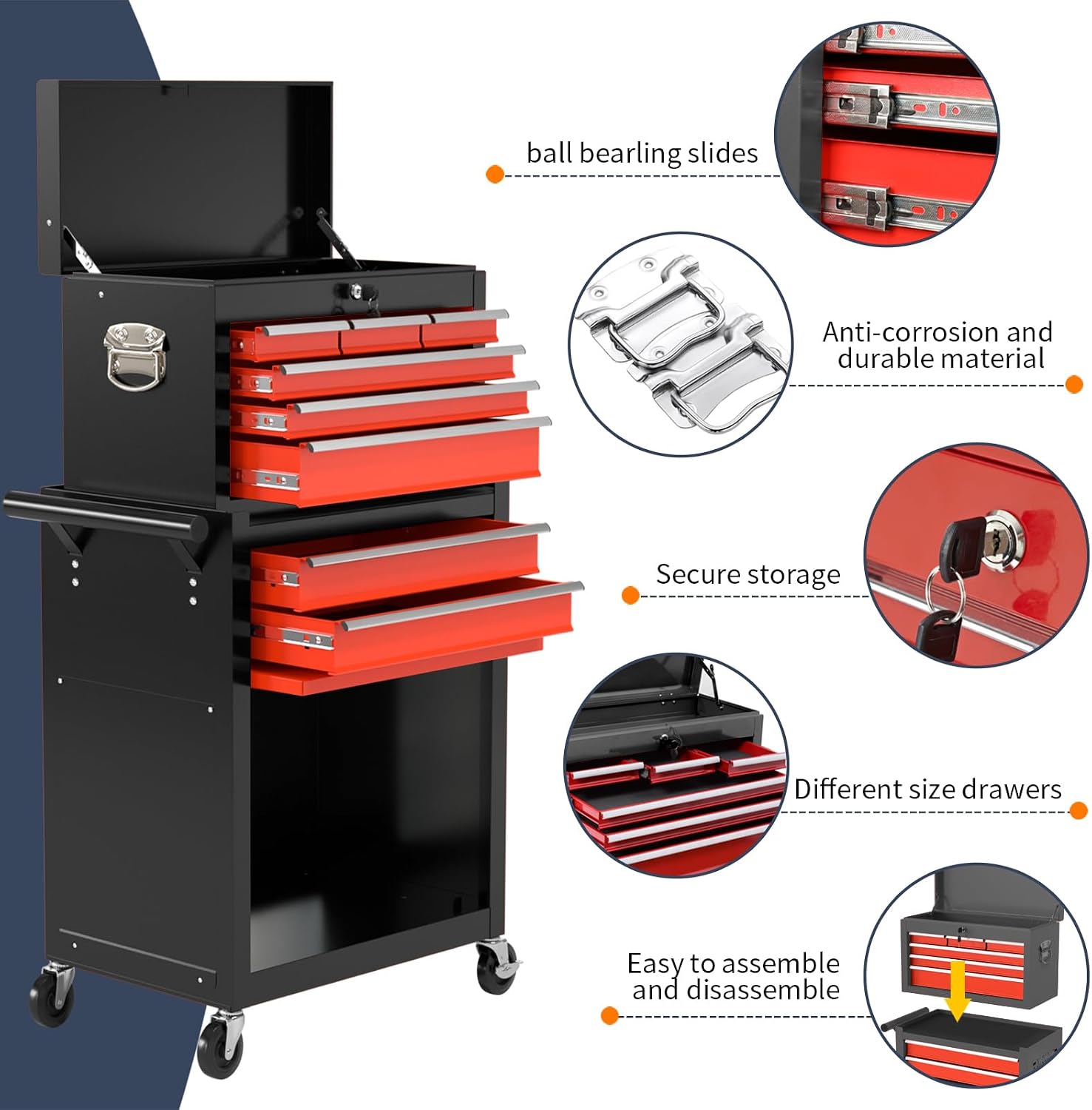 8-Drawer Rolling Tool Box, Lockable Rolling Tool Chest with Wheels and Drawers, 2 in 1 Large Capacity Storage Tool Cabinet for Warehouse, Garage, Tool Room and Repair Shop (Black&Red)