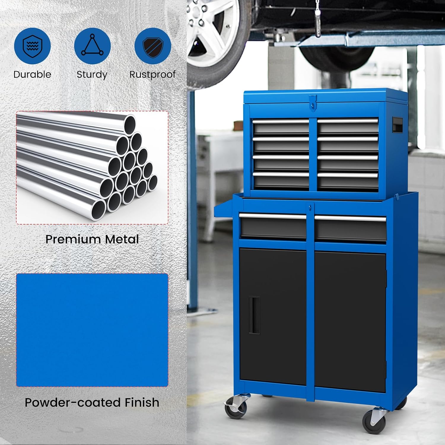 IRONMAX Rolling Tool Chest, 5-Drawer Lockable Tool Cabinet w/Adjustable Shelf & 4 Universal Wheels, 2 in 1 Detachable Tool Box Storage Organizer for Garage Workshop Repair Shop, Blue