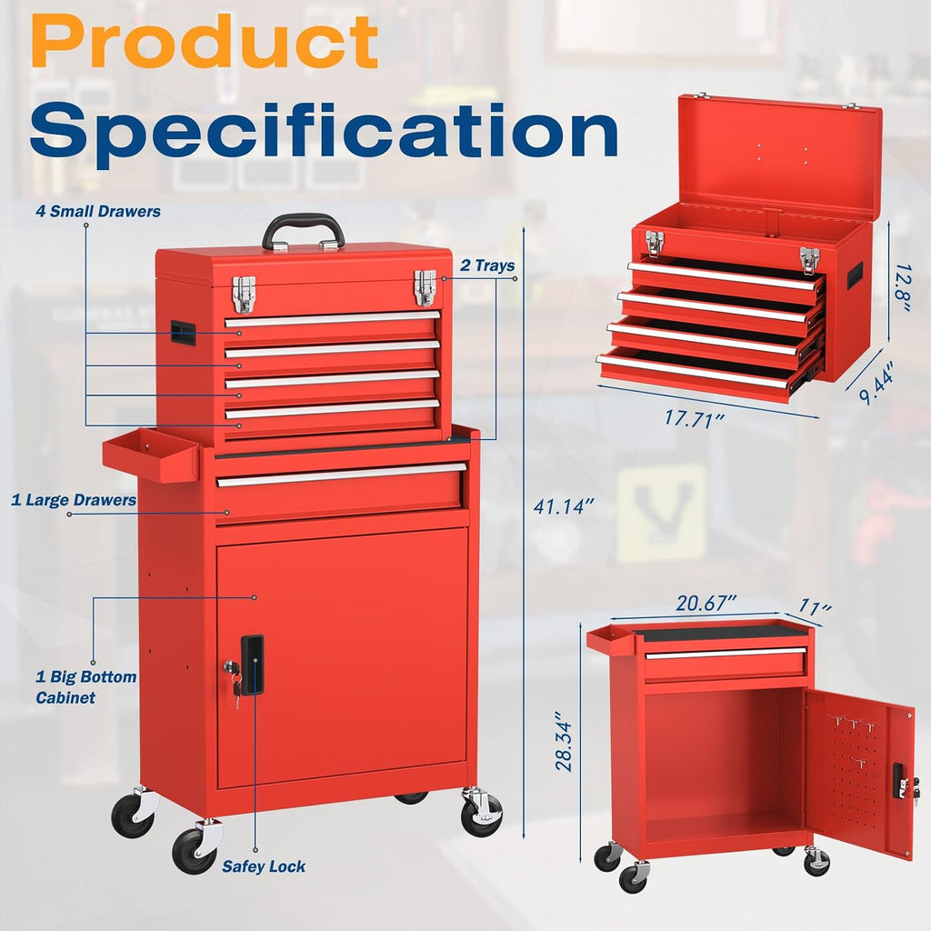5-Drawers Tool Chest, 2-in-1 Rolling Tool Box with Wheels and Drawers, Detachable Storage Toolbox with Lock, Heavy-Duty Metal Tool Cart for Garage, Workshop (Red)