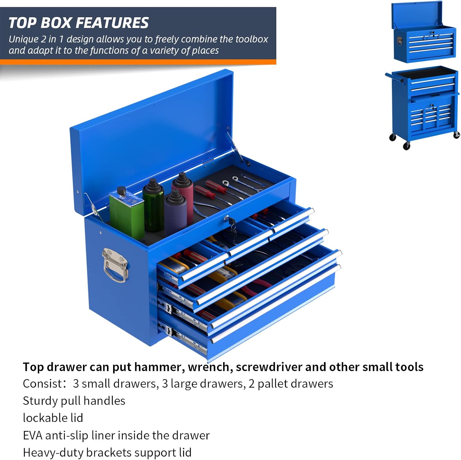 8-Drawer Rolling Tool Box, Lockable Rolling Tool Chest with Wheels and Drawers, 2 in 1 Large Capacity Storage Tool Cabinet for Warehouse, Garage, Tool Room and Repair Shop (Blue)