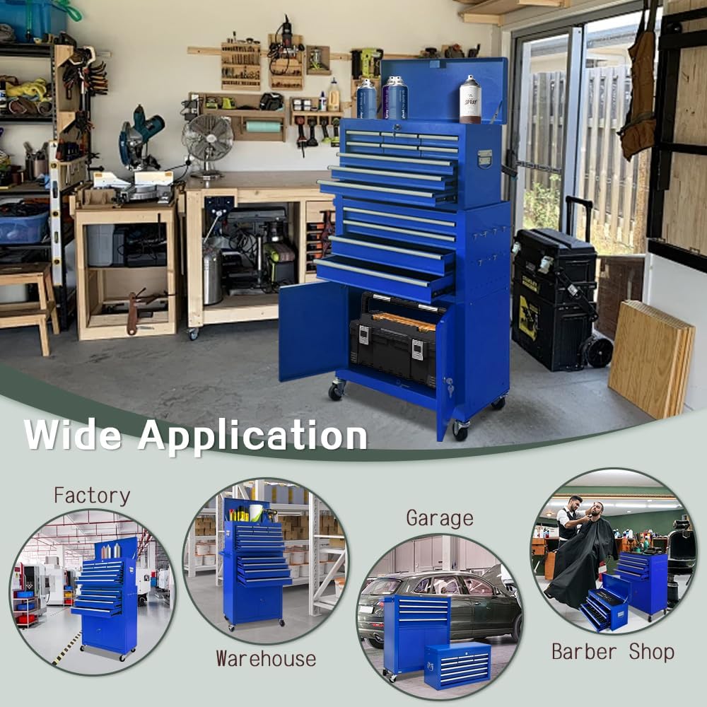 13-Drawer Tool Chest with Double Door Handle,2 in 1 Detachable Rolling Tool Chests with Wheels and Drawers,Large Tool Box with Lock,Mobile Steel Tool Cabinet Storage (Blue)