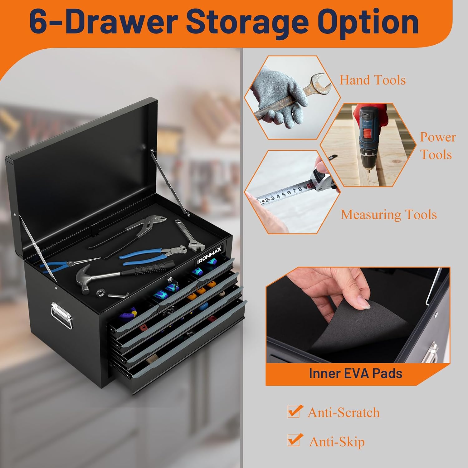 IRONMAX Portable Tool Box, 6 Drawers 24'' Lockable Tool Storage Organizer Toolbox with Ball-Bearing Slides & Liner, Metal Tool Chest for Warehouse, Garage, Workshop, Household