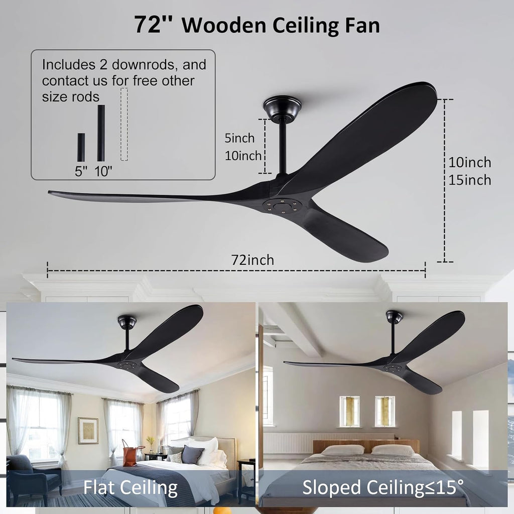 KBZZ 72 inch Modern Ceiling Fan, Wood Blades, Remote Control, Indoor Outdoor, Reversible DC Motor, 30 Decibels, 45W, 3 Speeds, 6 Timer Settings, for Living Room, Bedroom, Patio, Gazebo