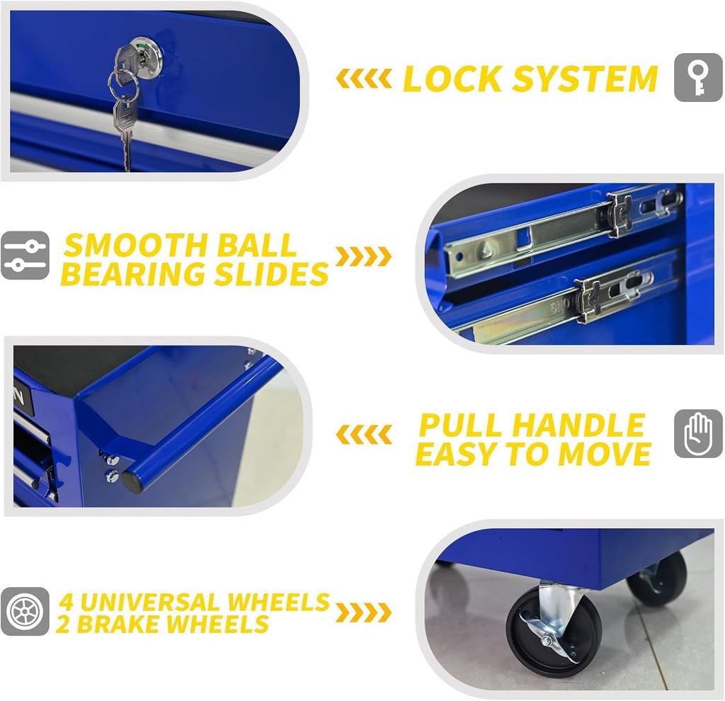 7-Drawer Rolling Tool Cart with Locking Drawers, Blue Metal Storage Cabinet, Mobile Tool Chest Organizer for Garage, Warehouse, Repair Shop, Workshop