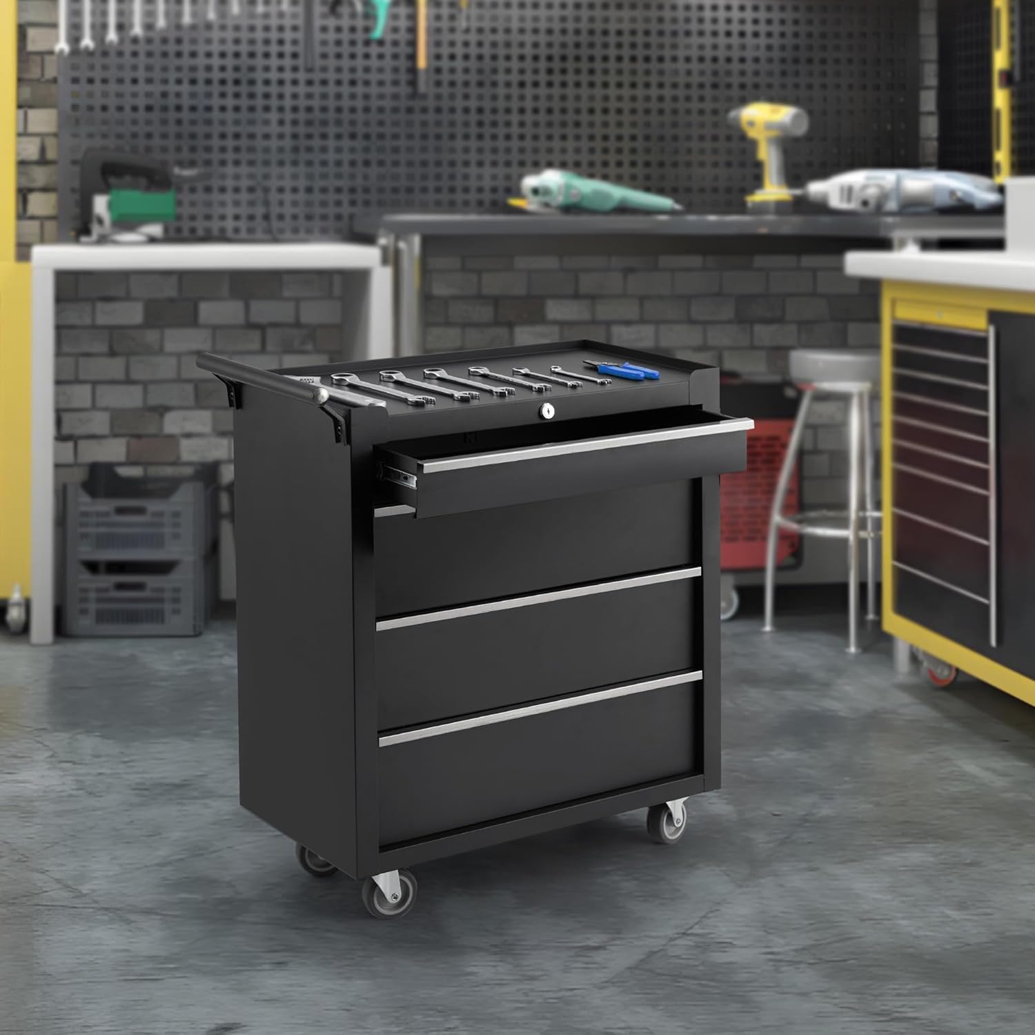 4-Drawer Tool Chest With Wheels, Rolling Tool Cart With Caster Wheels, Sliding Drawers and Protective Liner, Lockable Storage Cabinet for Garage, Workshop, Warehouse