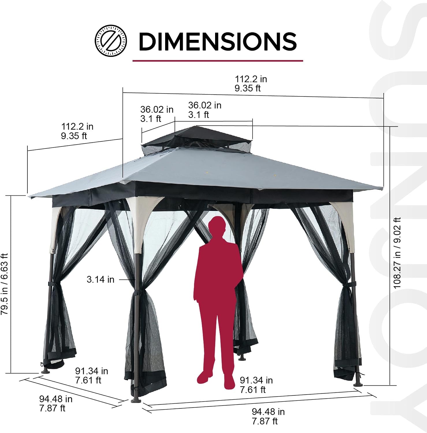 Sunjoy 9 ft. x 9 ft. Gazebo with 2-Tier Canopy Roof, Steel Frame Soft top Gazebo with Ceiling Hook and Mosquito Netting, Tan and Black