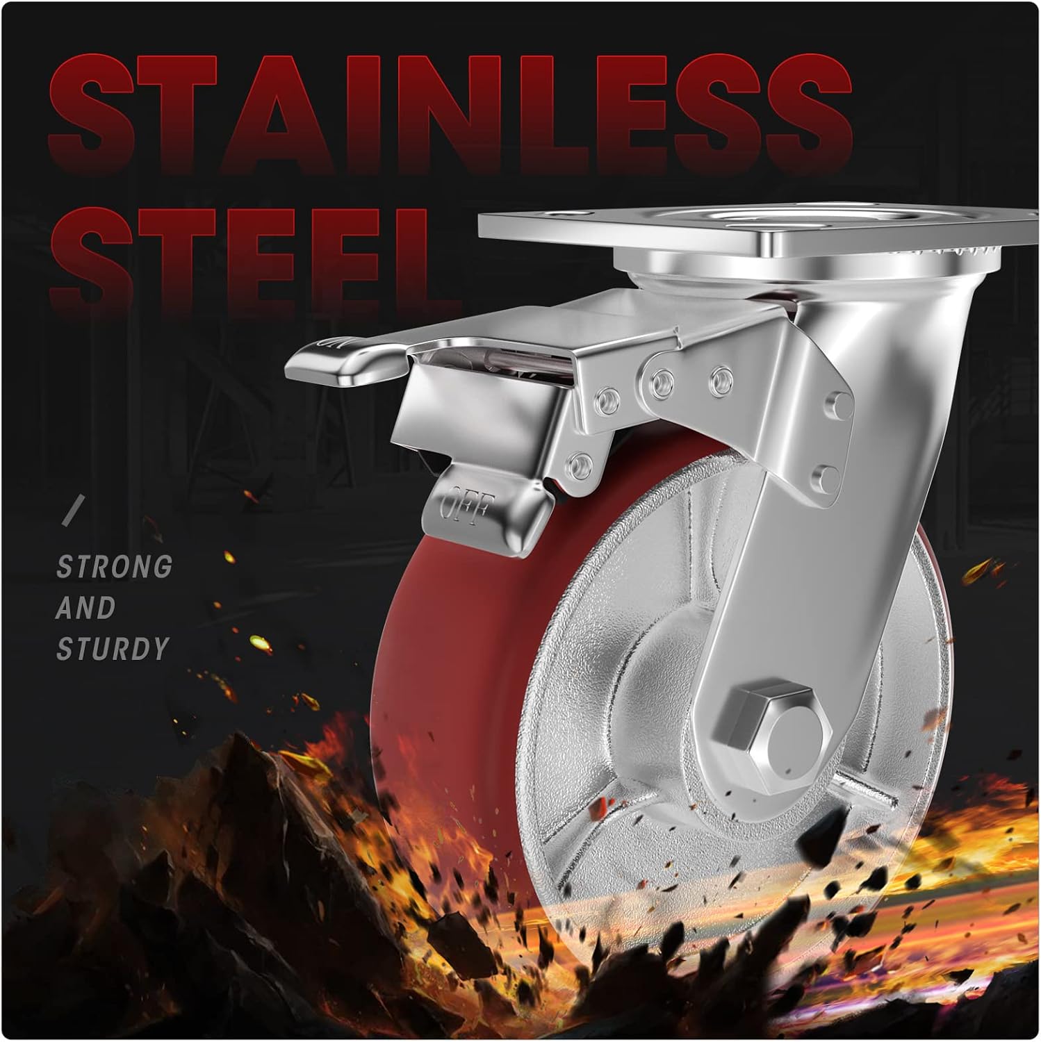 Casters Set of 4 Heavy Duty 6 inch Caster Wheels - ASRINIEY Locking Casters with No Noise Polyurethane on Steel Wheels, Swivel Plate Caster with Brake for Toolbox Workbench, 5000 lbs Total Capacity