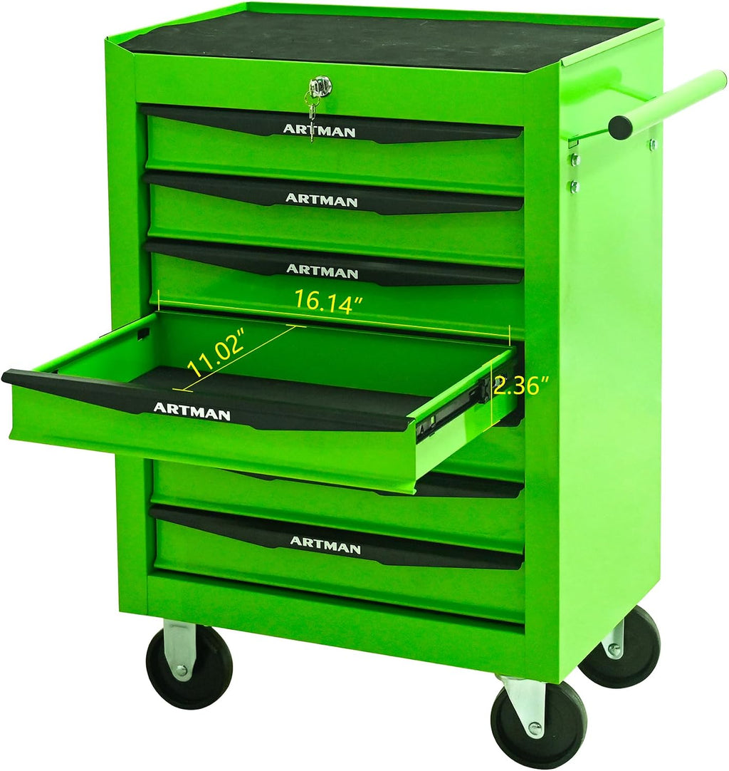 Rolling Tool Chest Cart with 7 Drawers,Storage Tool Cabinet on 4 Wheels. Lockable Tool Cart with Drawer Liners.Steel Tool Box Organizer for Garage,Repair Workshop-Green