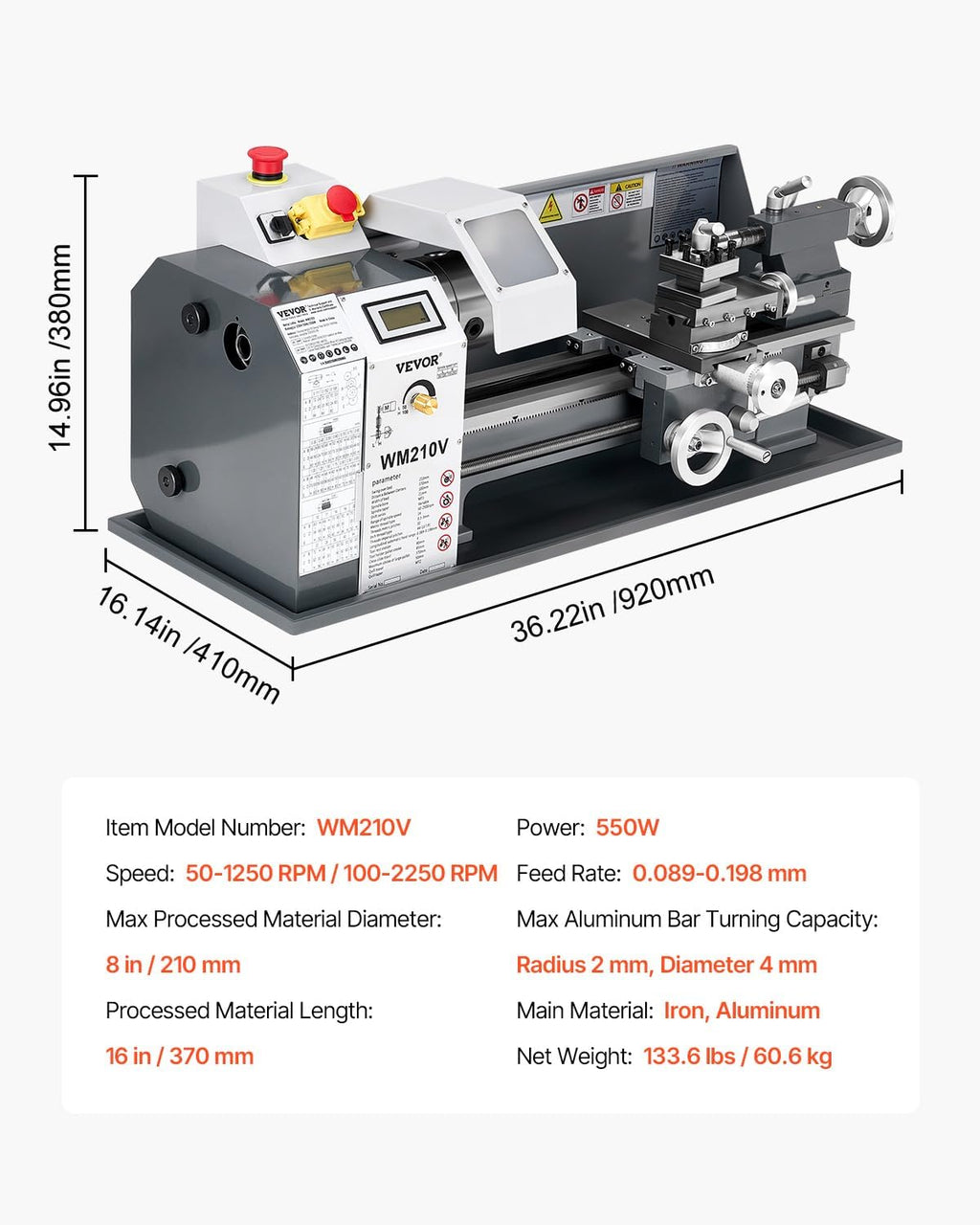 VEVOR High-quality Metal Lathe, 8 x 16 in, 550W Benchtop Lathe Machine, 0-2500 RPM Variable Speed, with 0.0003 in Spindle Accuracy Metal Gear, for Precision Parts Thread Soft Metals Wood
