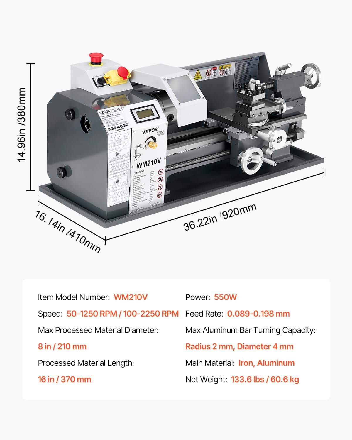VEVOR High-quality Metal Lathe, 8 x 16 in, 550W Benchtop Lathe Machine, 0-2500 RPM Variable Speed, with 0.0003 in Spindle Accuracy Metal Gear, for Precision Parts Thread Soft Metals Wood