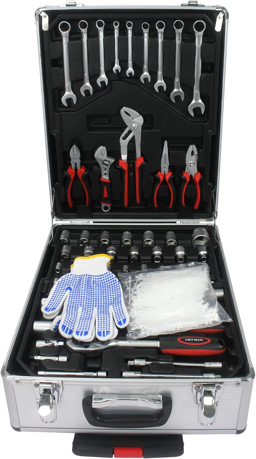 Leavader 889 Pcs Aluminum Trolley Case Tool Set with Wheels, Four-Layer Tool Kit with Rolling Tool Box, Portable Toolbox Storage Case with Drawer for Repair Gift on Father's Day