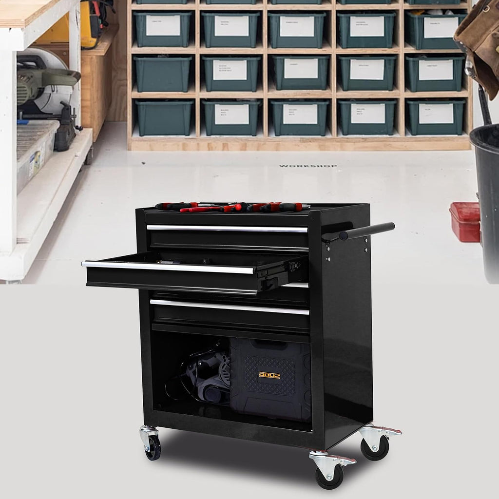 4 Drawers Tool Cart on Wheels, 4 Drawer Rolling Tool Chest, Trolley Organizer Tool Box Tool Case with 1 Cabinet, Multifunctional Tools Case for Garage,Warehouse,Workshop,Repair Shop (Black)