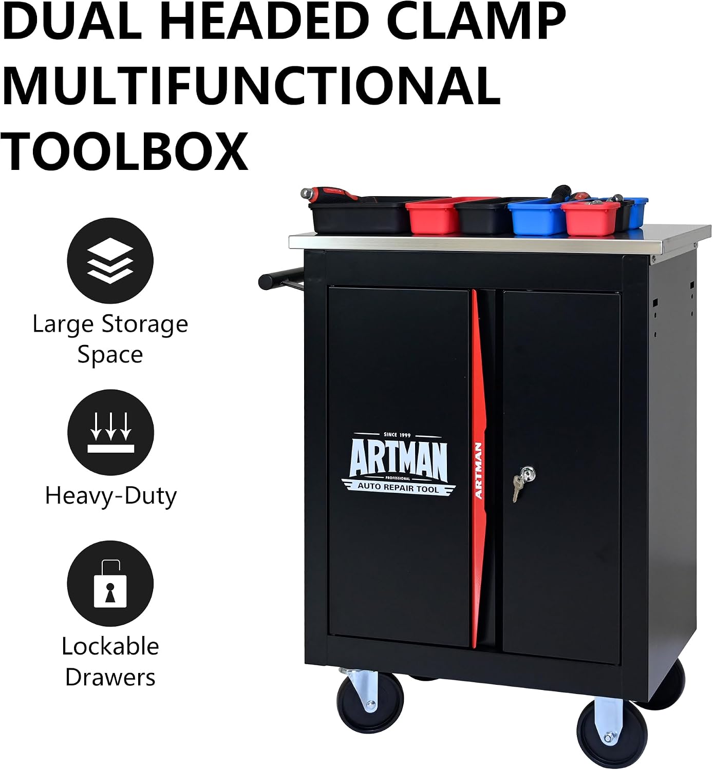 1 Cabinet Tool Cart on Wheels with Stainless Steel Worktop, Heavy Duty Mobile Rolling Drawer Tool Chest with Locking Wheels & Lockable Drawers, Garage Tool Storage Cabinet (Black, 1 Cabinet)