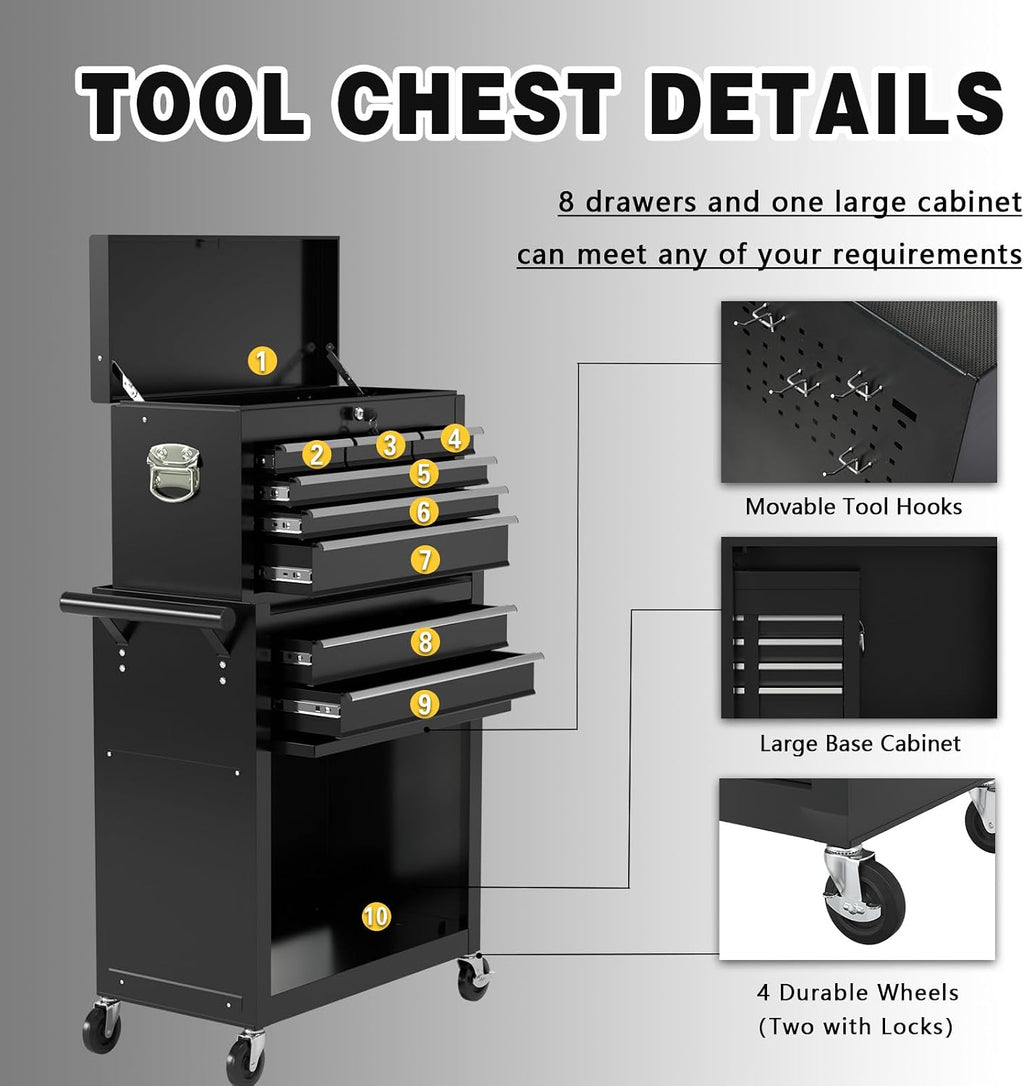 8-Drawer Rolling Tool Chest, High Capacity Removable Tool Storage Cabinet, Detachable Toolbox with Lock for Garage Warehouse and Tool Room (Black)