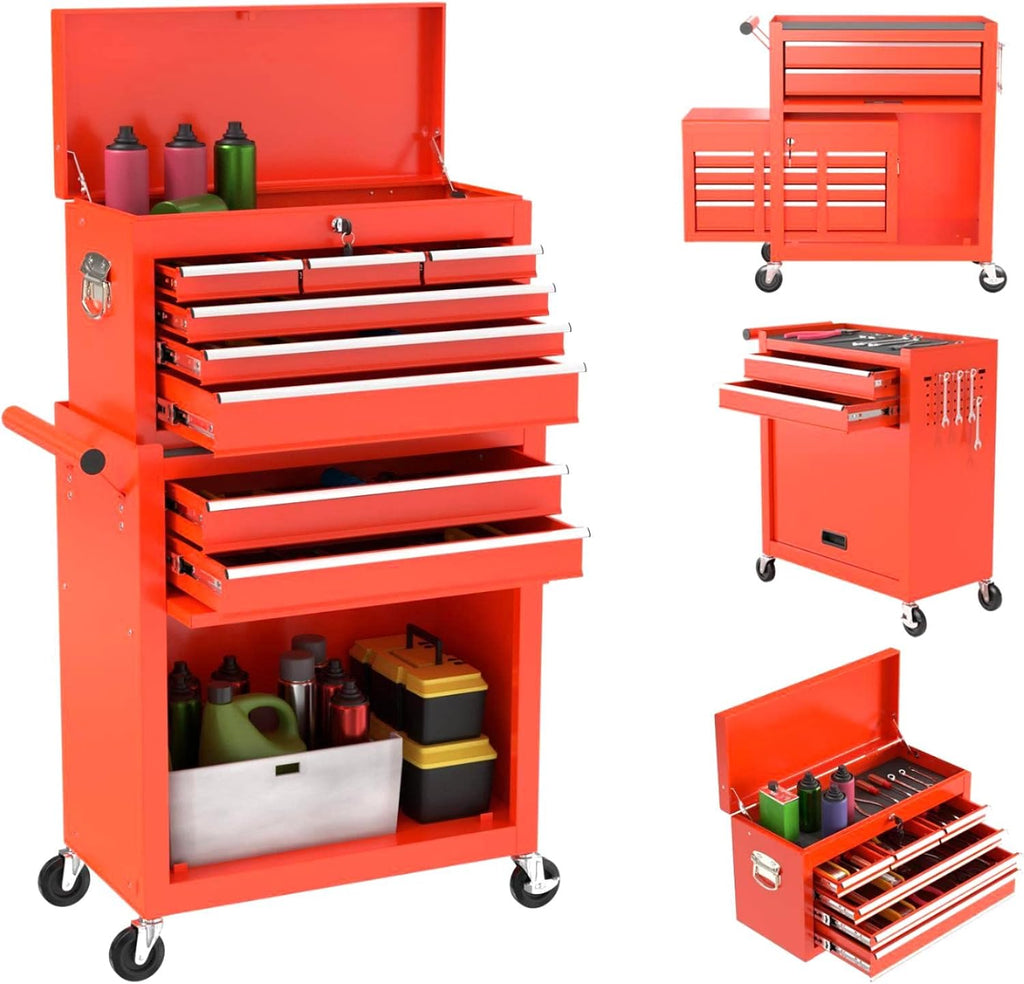 8-Drawer Rolling Tool Box, Lockable Rolling Tool Chest with Wheels and Drawers, 2 in 1 Large Capacity Storage Tool Cabinet for Warehouse, Garage, Tool Room and Repair Shop (Red)