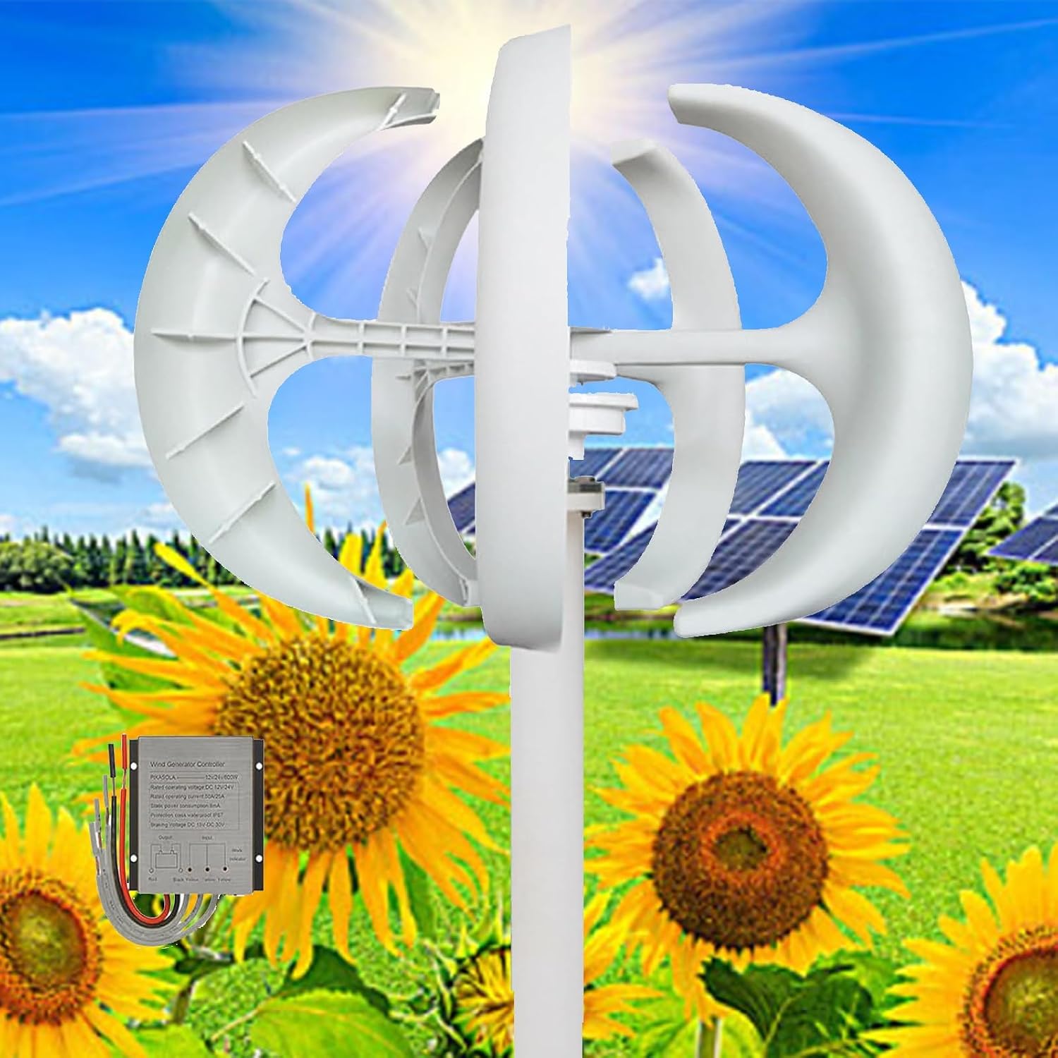 16000W Wind Turbines Generator,5 Blades 12V/24V/48V Vertical Axis Wind Turbines Generator Kit,3 Phase AC Permanent Magnet Generator Kit for Home Hybrids Streetlight Use(White,12V)