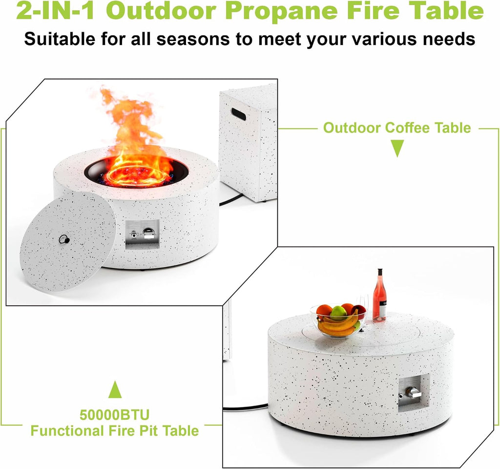 2-Piece 30' Round Propane Fire Pit for Outside Patio with Hidden Tank Table, 50,000 BTU Fireplaces with Lid, Glass Rocks, Cover(Speckled White)