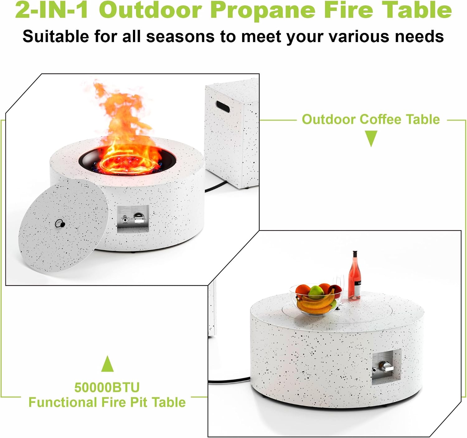 2-Piece 30' Round Propane Fire Pit for Outside Patio with Hidden Tank Table, 50,000 BTU Fireplaces with Lid, Glass Rocks, Cover(Speckled White)