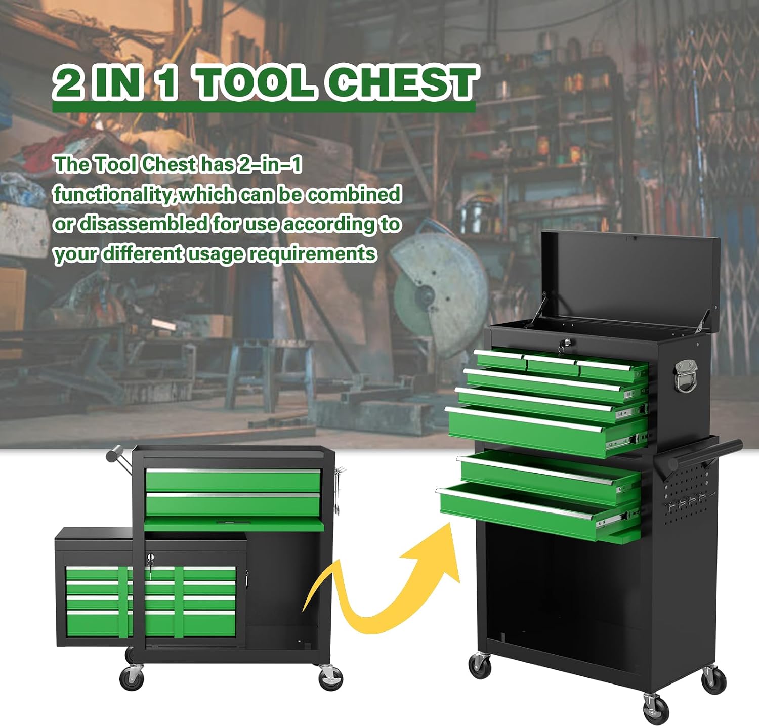 8-Drawer Rolling Tool Chest, High Capacity Removable Tool Storage Cabinet, Detachable Toolbox with Lock for Garage Warehouse and Workshop (Blackgreen)