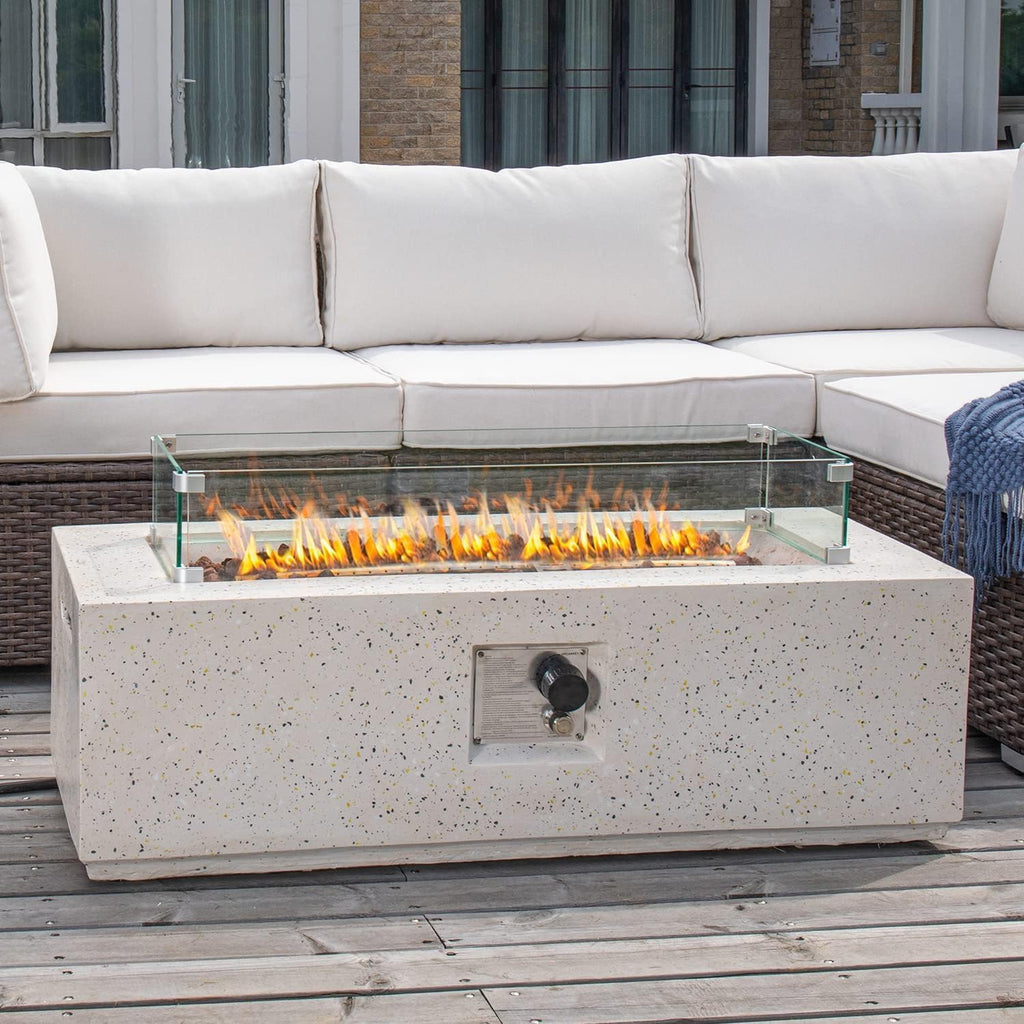 COSIEST Outdoor Propane Fire Pit Coffee Table, 42-inch x 13-inch Terrazzo Rectangle Base Patio Heater w Certified, 50,000 BTU Stainless Steel Burner, Wind Guard, Free Lava Rocks and Rain Cover