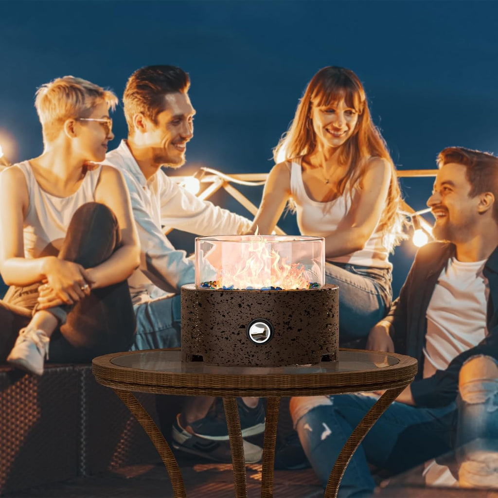 COSIEST 12' Tabletop Fire Pit, Outdoor Propane Fireplace w Magnesium Oxide Round Base, 40,000 BTU Stainless Steel Burner, Glass Rocks, Glass Wind Guard, Fits 20lb Tank Outside