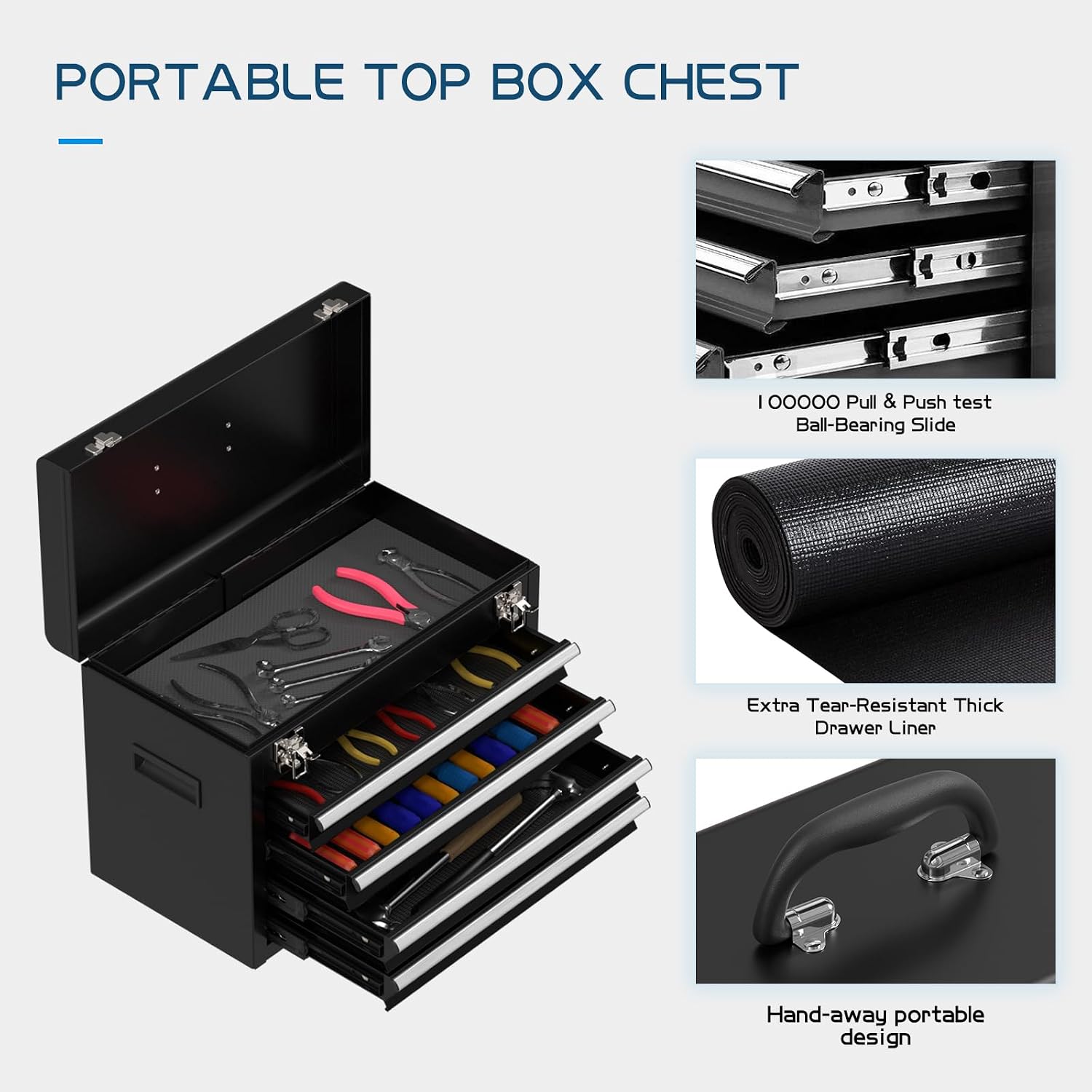 5-Drawers Black Tool Chest, 2-in-1 Mechanic Rolling Tool Box Removable Lockable Tool Storage Cabinet, Metal Tool Cart with Drawers and Wheels for Garage, Workshop