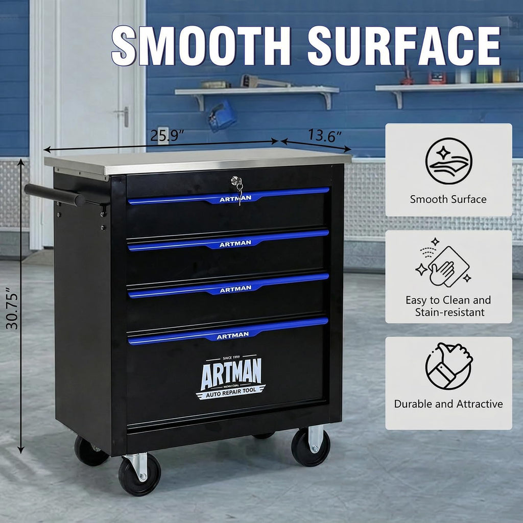 4-Drawer Rolling Tool Chest, Stainless Steel Countertop Mobile Tool Cabinet with Key Lock, 360° Swivel Wheels & Padded Feet, Portable Tool Storage Box for Home Garage Workshop, Black & Blue