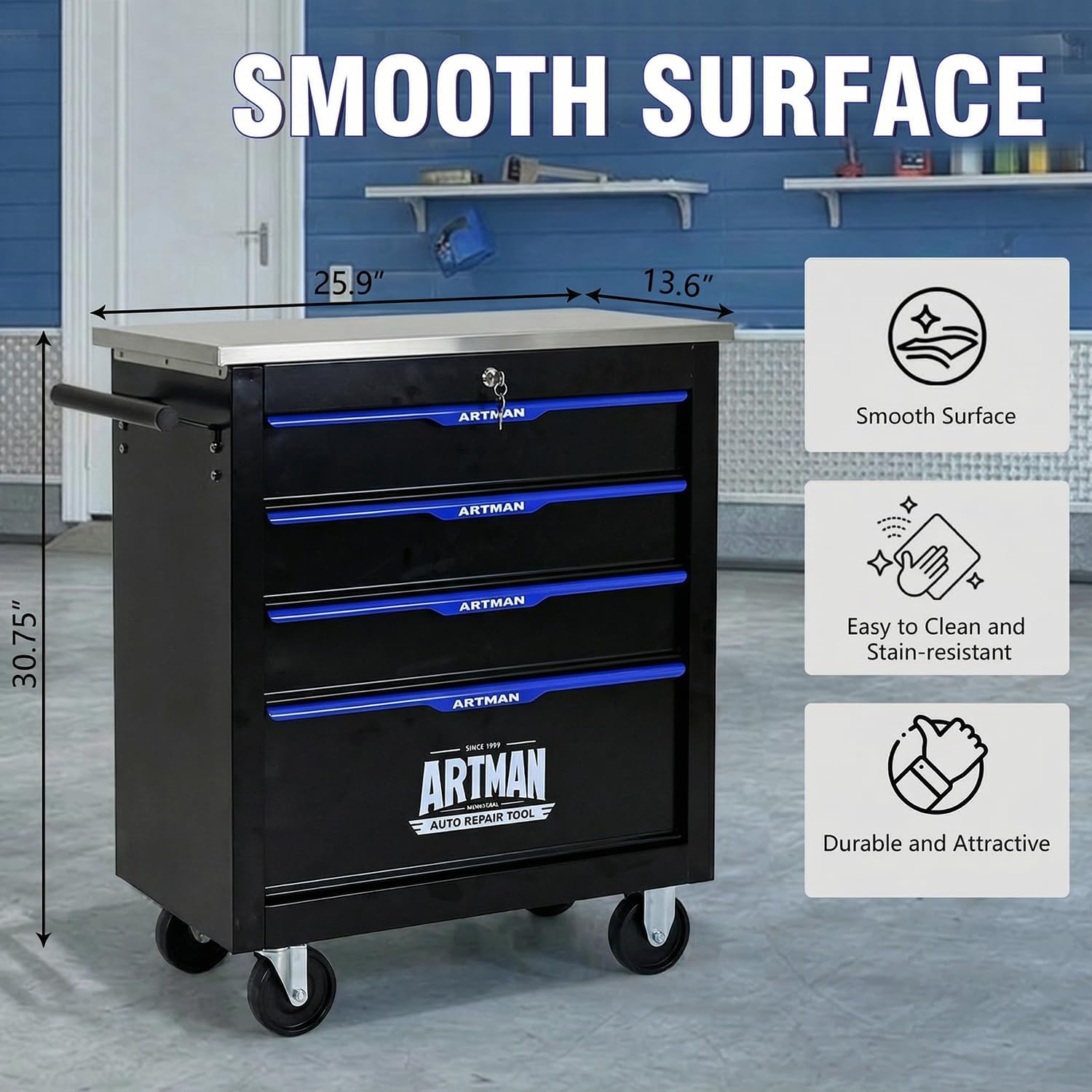 4-Drawer Rolling Tool Chest, Stainless Steel Countertop Mobile Tool Cabinet with Key Lock, 360° Swivel Wheels & Padded Feet, Portable Tool Storage Box for Home Garage Workshop, Black & Blue