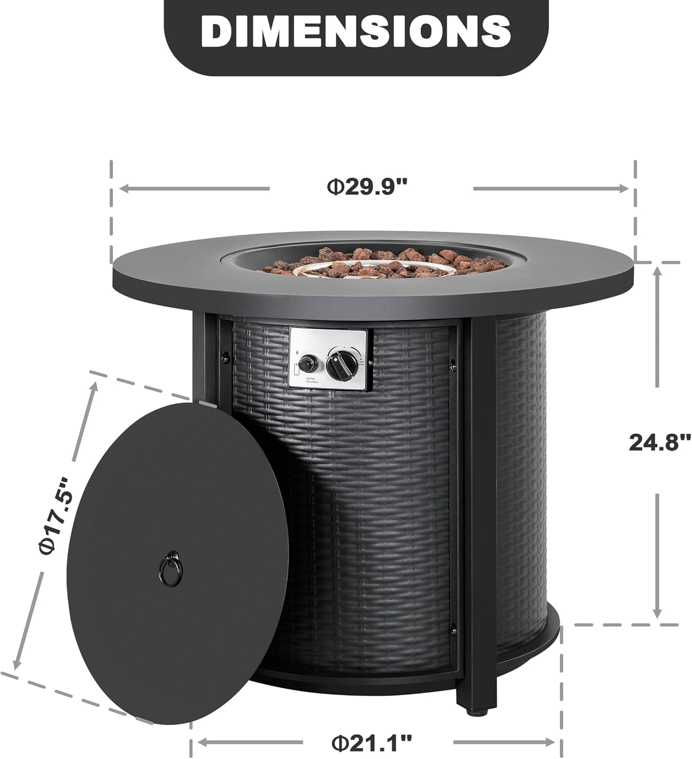 Nuu Garden 30'' Outdoor Round Propane Fire Pit Table, CSA-Certified 2-in-1 Gas Fire Pit with Rattan-Embossed Metal Frame, Stainless Steel Burner, Lid & Lava Rocks, for Patio Dining & Party, Black