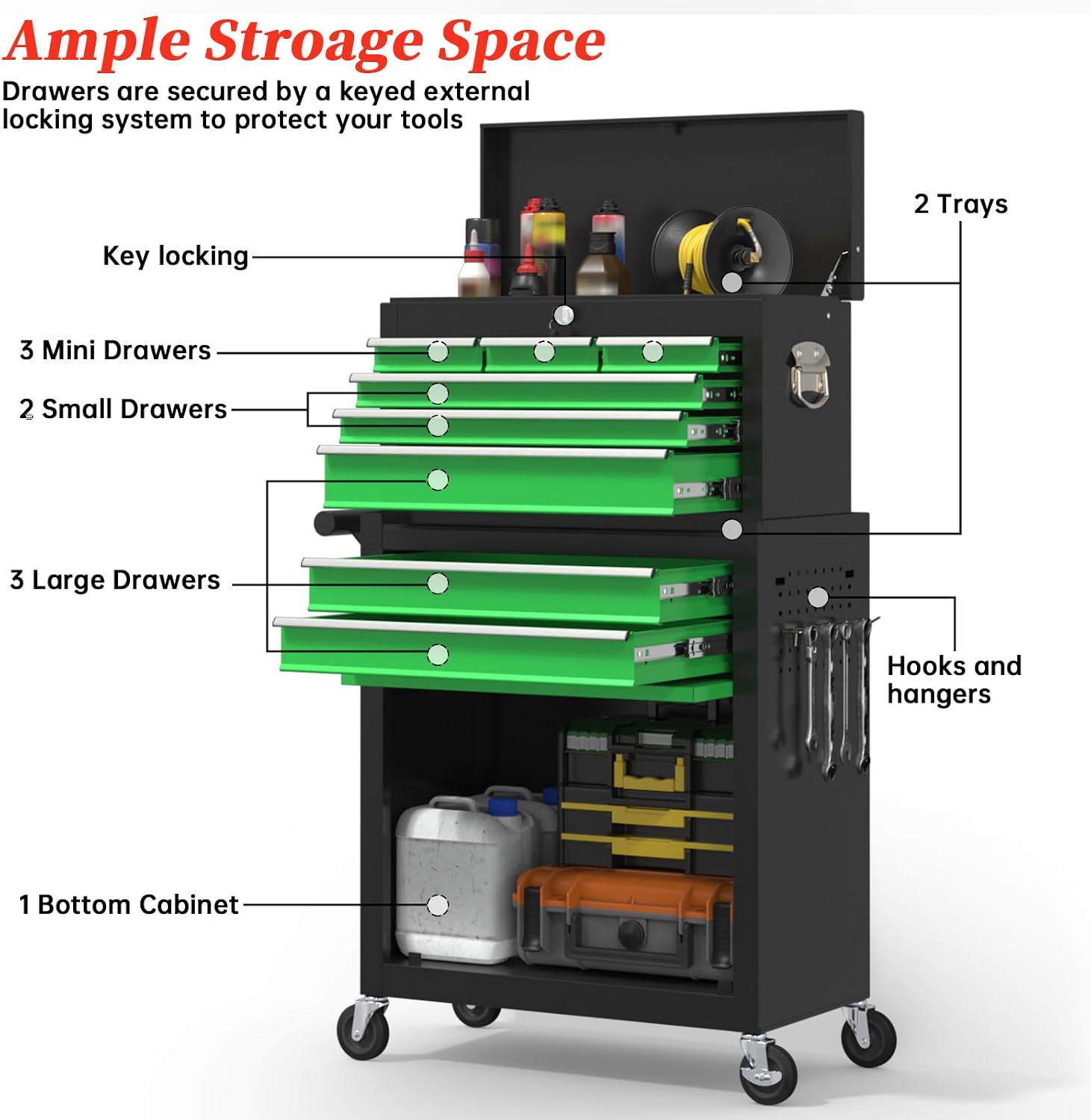 High Capacity Rolling Tool Boxes with Wheels and Drawers, 8-Drawer Storage Cabinet,Detachable Organizer Combo,Mobile Lockable Toolbox for Workshop Mechanics Garage (Blackgreen)