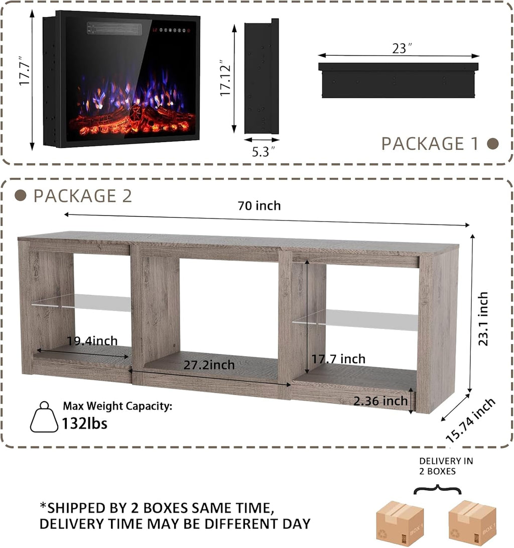 70' Fireplace TV Stand for TVs up to 80 Inches with 23'' Electric Fireplace Insert, Entertainment Center for Living Room, Gray