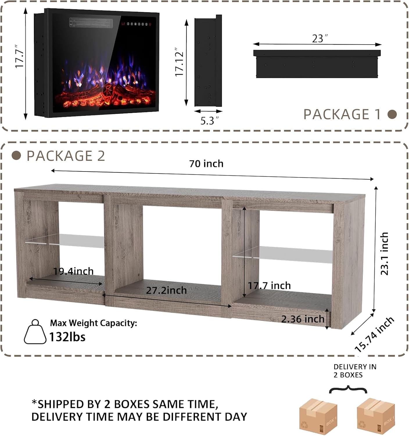 70' Fireplace TV Stand for TVs up to 80 Inches with 23'' Electric Fireplace Insert, Entertainment Center for Living Room, Gray