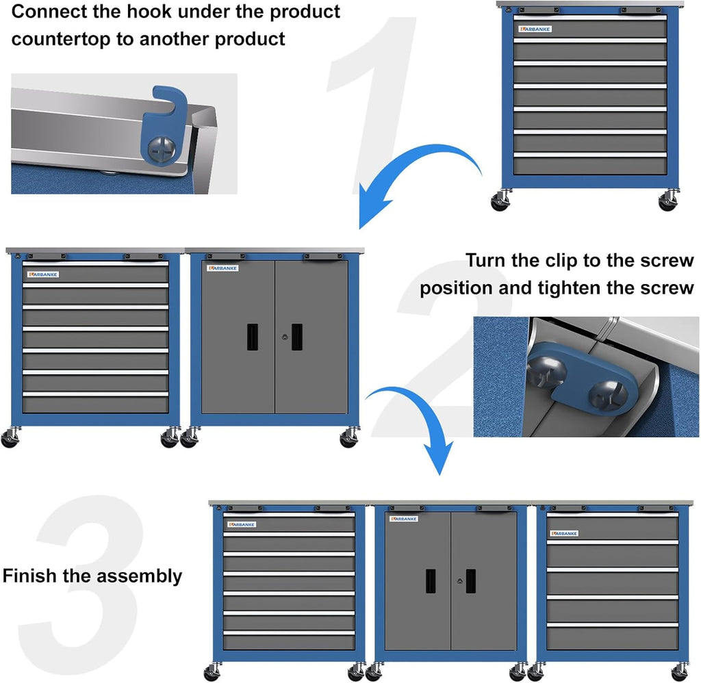 Larbanke Combination Tool Cabinet and Chest - 7+5 Drawer Tool Chest for Connected Use, Rolling with 360 Brake Wheels and Padded Feet, Blue
