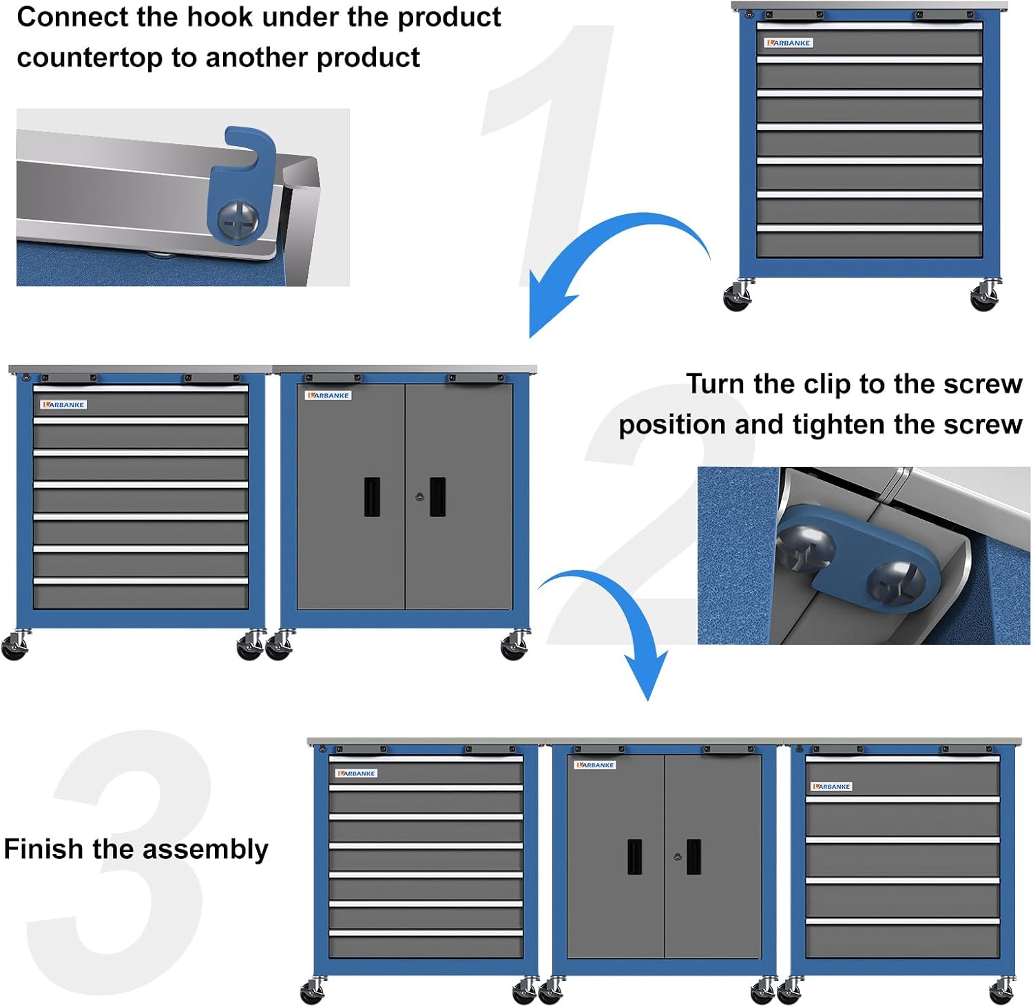 Larbanke Combination Tool Cabinet and Chest - 7+5 Drawer Tool Chest for Connected Use, Rolling with 360 Brake Wheels and Padded Feet, Blue