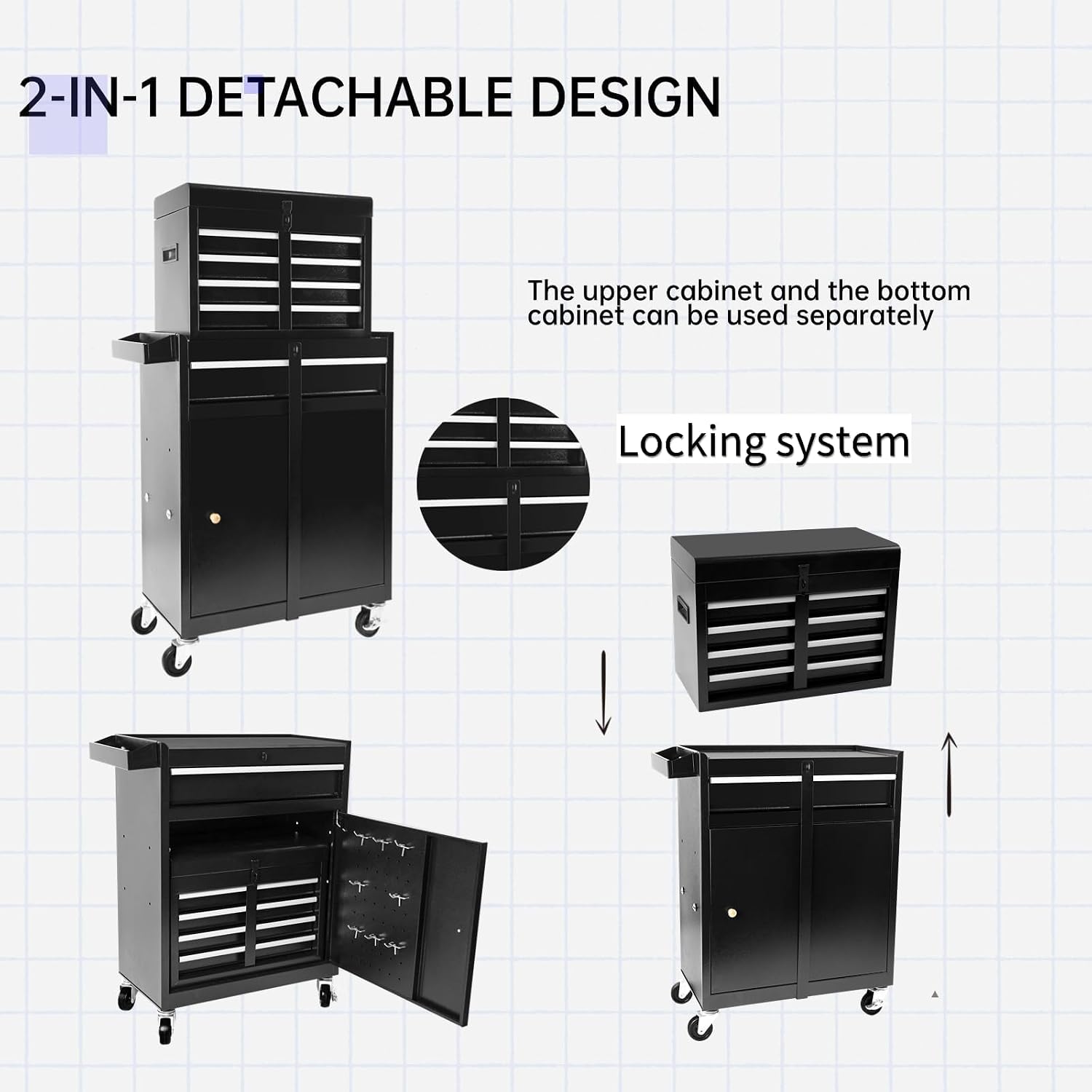 5 Drawer Tool Cart Rolling Tool Chest on Wheels Drawers Rolling Tool Box Organizer Drawer Liners Detachable Top with Locking System for Garage Workshop Warehouse Repair Shop Black