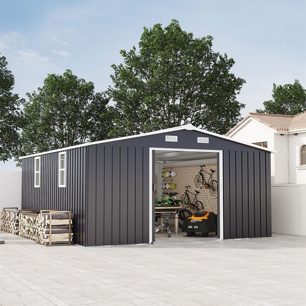 10x12 FT Outdoor Storage Shed, Extra Large Metal Garden Shed with Lockable Doors, Windows & Air Vents, Heavy-Duty Steel Backyard Utility Shed for Tools, Lawn Equipment, Motorcycles, Bikes, Patio,Gray