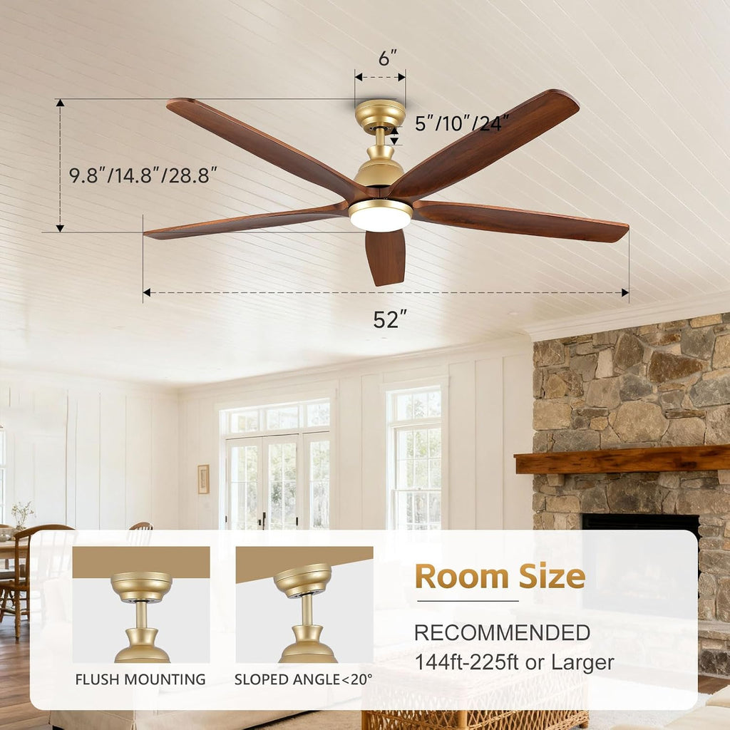 52 Inch Gold Ceiling Fan with Light, Rustic Wood Ceiling Fans with Lights Remote Control Reversible Quiet DC Motor, Indoor Exterior Ceiling Fan for Patios Porch Gazebo Living Room, Dimmable, 3CCT