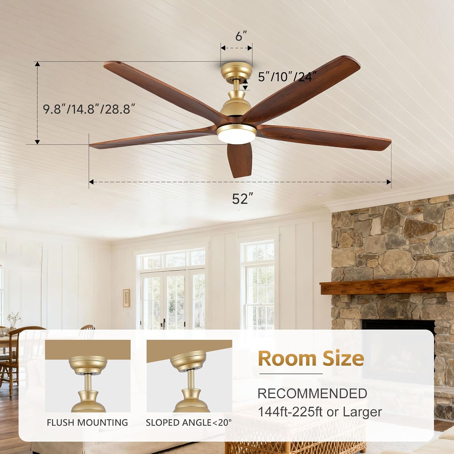 52 Inch Gold Ceiling Fan with Light, Rustic Wood Ceiling Fans with Lights Remote Control Reversible Quiet DC Motor, Indoor Exterior Ceiling Fan for Patios Porch Gazebo Living Room, Dimmable, 3CCT
