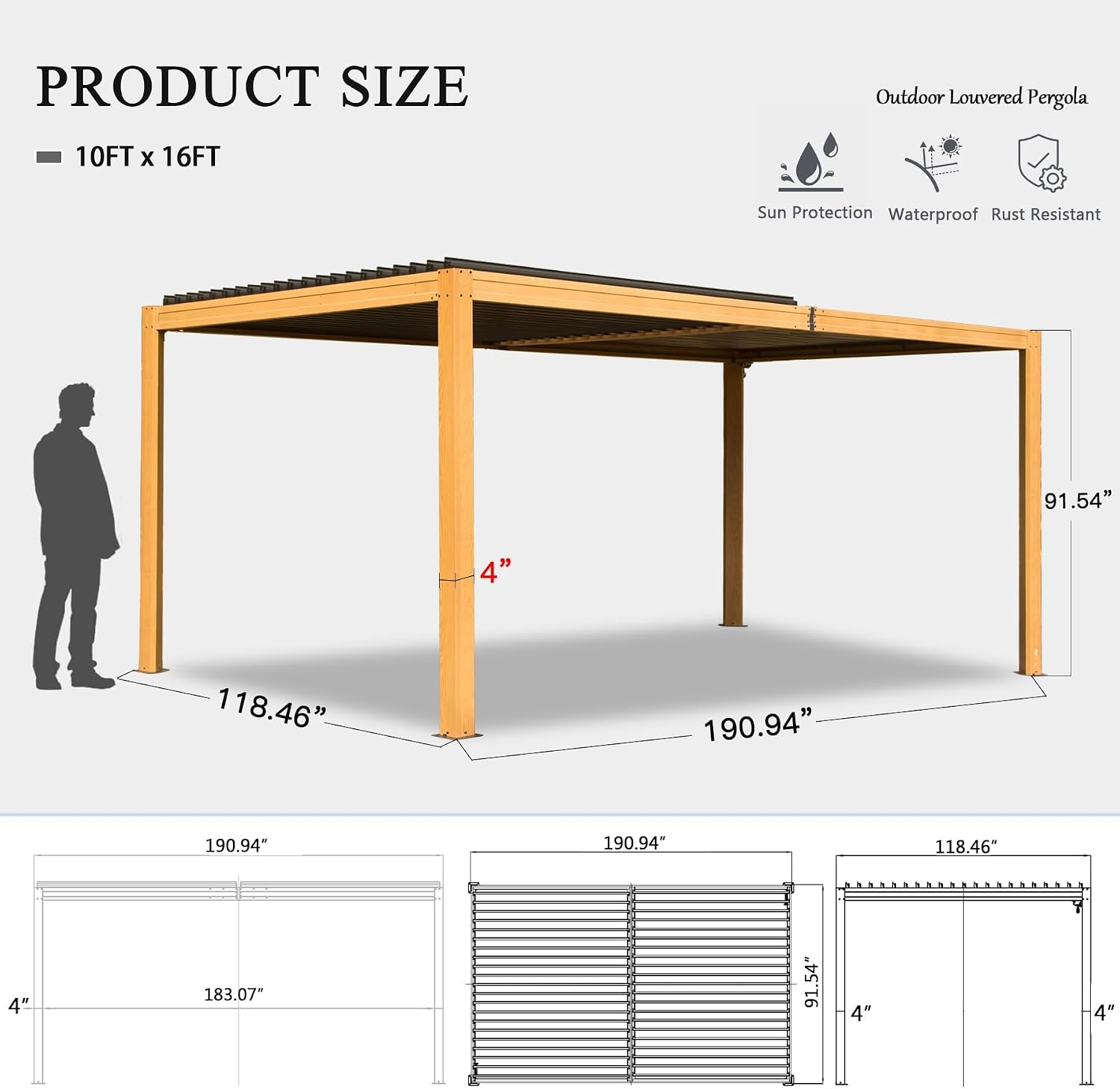 Domi Louvered Pergola 10x16FT, Outdoor Wood Grain Pergola Aluminum Frame with Adjustable Rainproof Metal Roof, Permanent Sun Shade with Drainage System for Deck Garden Yard