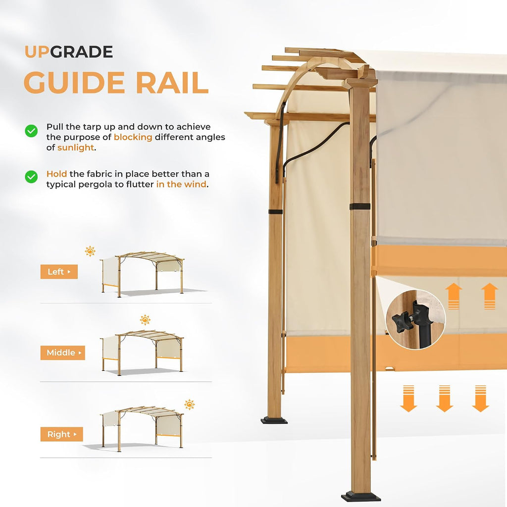 HAPPATIO 10' x13' Outdoor Retractable Pergola, Patio Metal Pergola with Sun Shade Canopy, Wood-Grain Aluminum Pergola with Canopy Fixed in Various Positions, Metal pergola for Backyards (Beige)