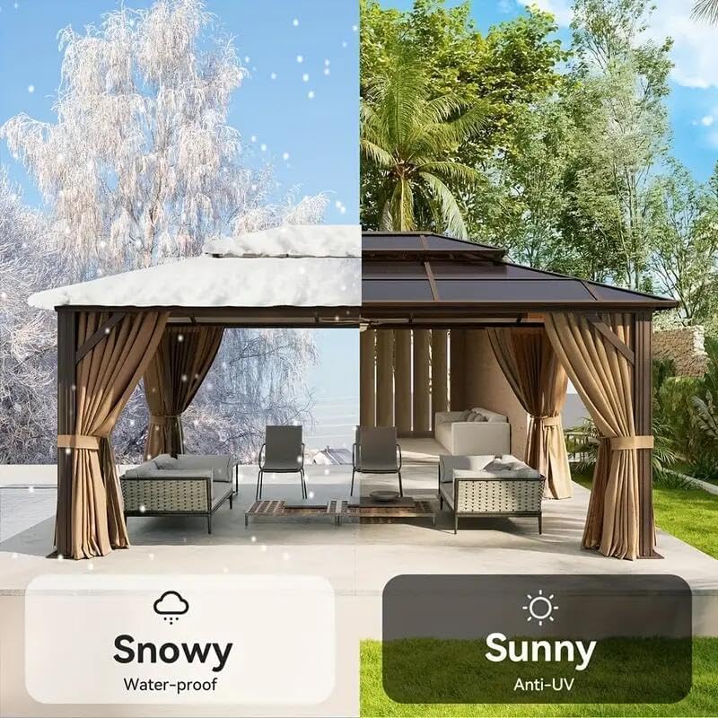 Hardtop Gazebo 12x16FT Hardtop Gazebo, Aluminum Frame Permanent Pavilion with Curtains and Netting, Outdoor Polycarbonate Gazebo, Double Roof Canopy, for Gardens, Patios, Lawns