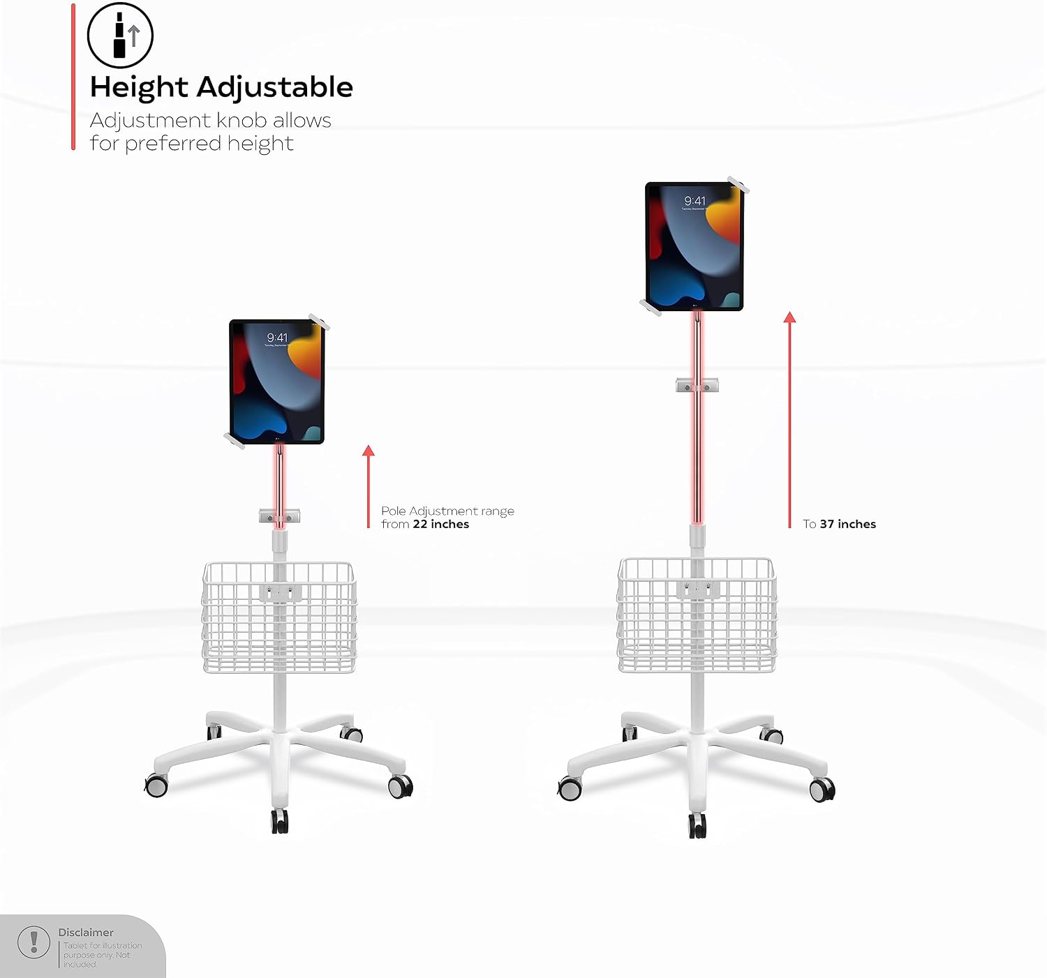 Medical Mobile Stand – CTA Heavy-Duty Medical Mobile Floor Stand & Accessories for iPad 7 – 9 Gen 10.2', 12.9' Pro, 11', Mini 5/6, Samsung A8 & Other 7-13-Inch Tablets - White (PAD-SHFSWAO)