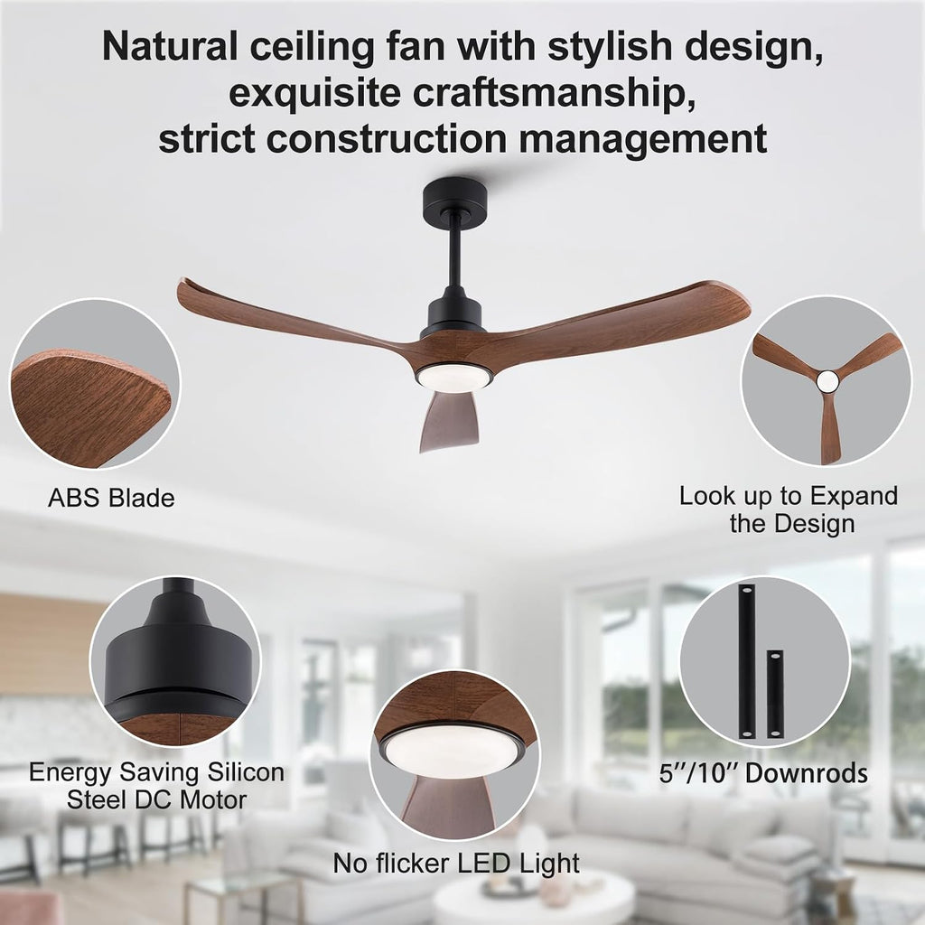 52 Inch Ceiling Fans with Lights and Remote, Memory Function Brown Ceiling Fans, Reversible Modern Ceiling Fan for Outdoor Patio Proch Gazebo Indoor Bedroom (Not Real Wood)