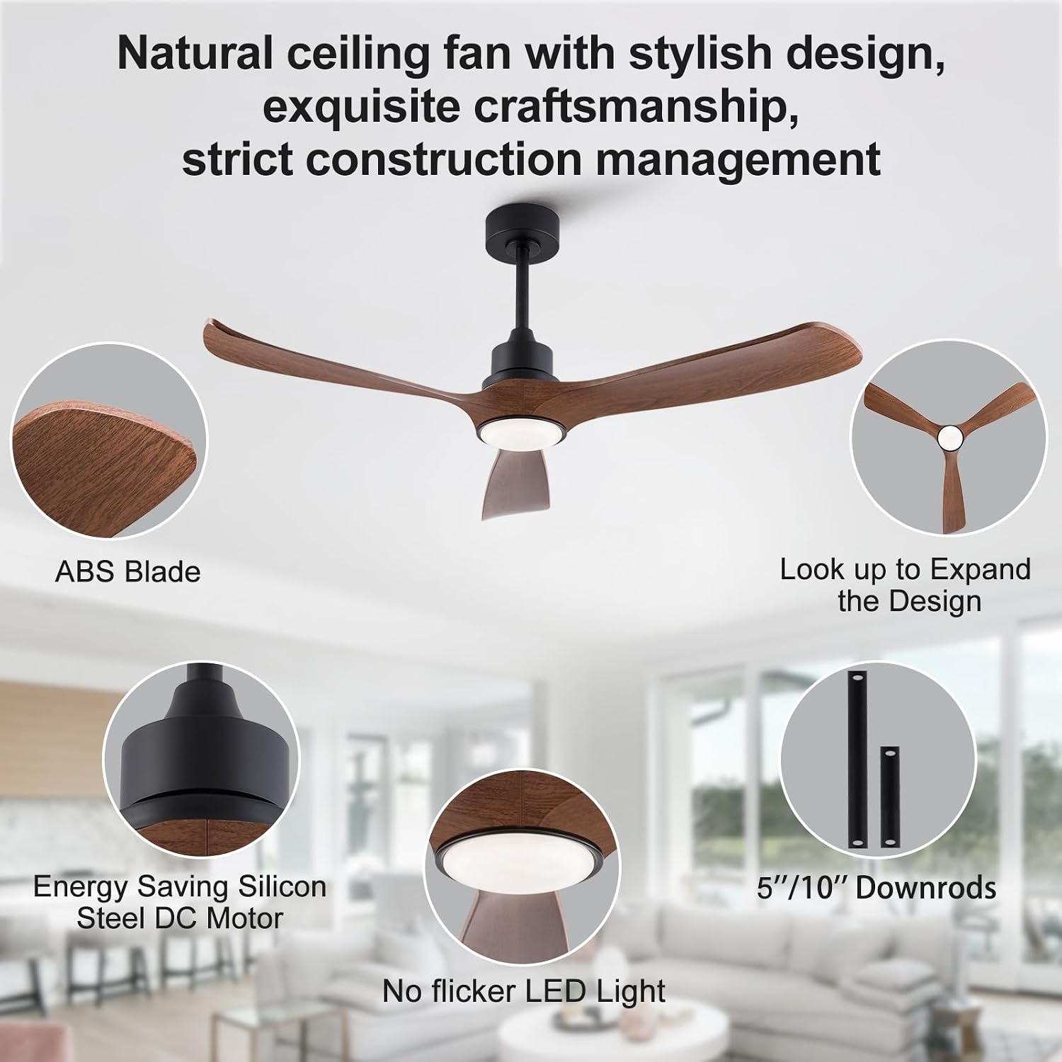 52 Inch Ceiling Fans with Lights and Remote, Memory Function Brown Ceiling Fans, Reversible Modern Ceiling Fan for Outdoor Patio Proch Gazebo Indoor Bedroom (Not Real Wood)