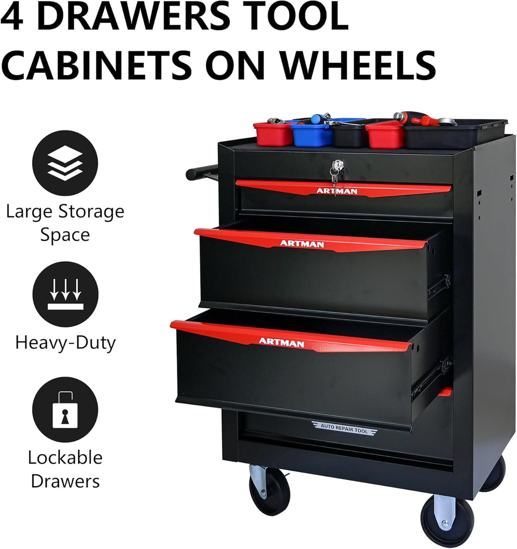 4 Drawers Tool Cart on Wheels, Multifunctional Rolling Tool Storage Chest, Drawers Rolling Trolley Organizer Tool Box for Warehouse, Garage, Workshop, Repair Shop (4 Drawers-30.5' H)