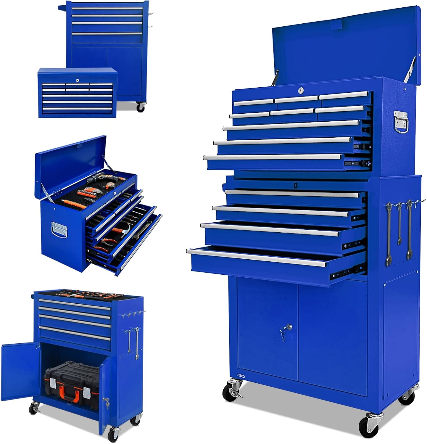 13-Drawer Tool Chest with Double Door Handle,2 in 1 Detachable Rolling Tool Chests with Wheels and Drawers,Large Tool Box with Lock,Mobile Steel Tool Cabinet Storage (Blue)