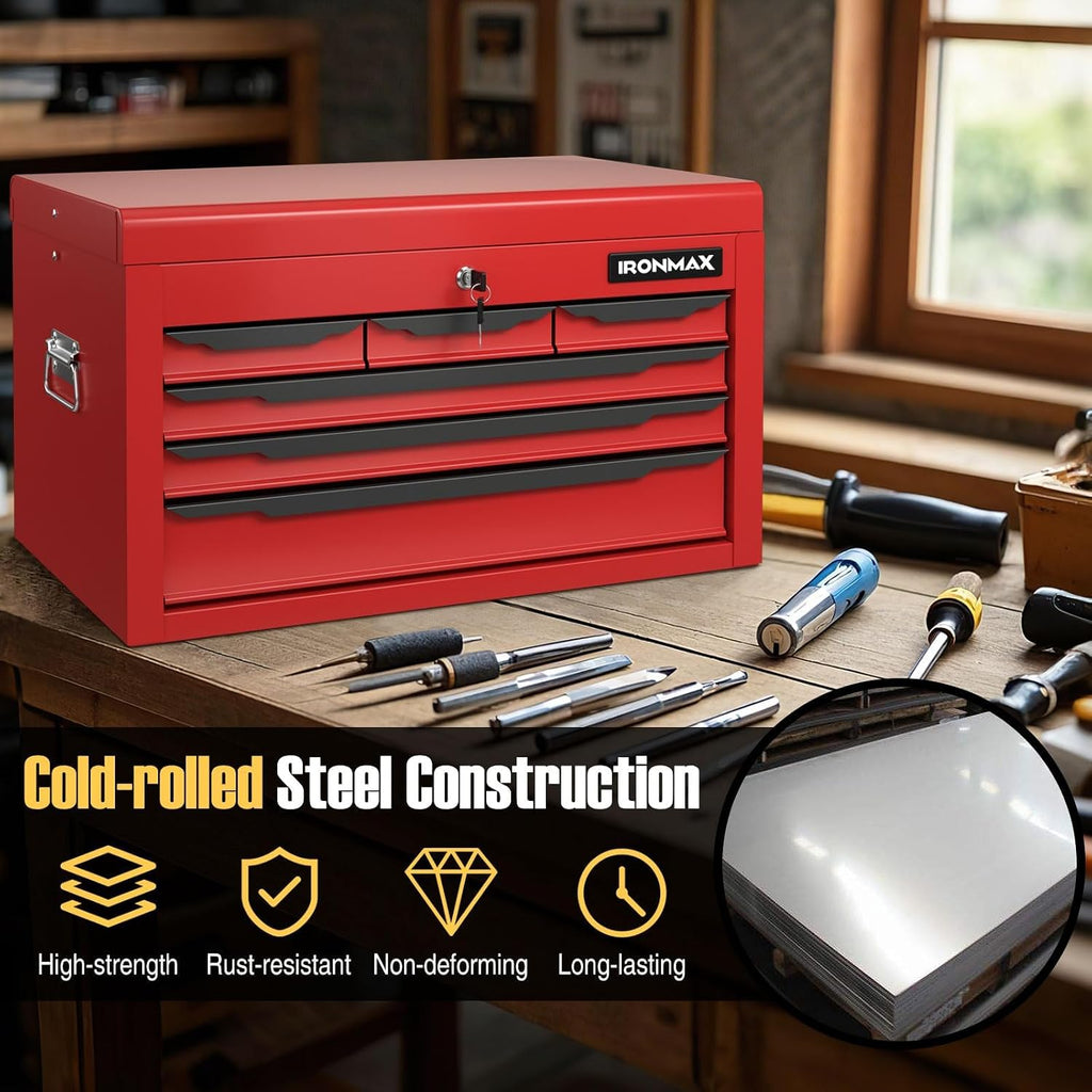 ERGOMASTER Steel Tool Box, 24'' Metal Tool Box with 6 Drawers, Lockable Heavy Duty Tool Chest Cabinet Storage Toolbox for Garage, Workshop, Repair Shop (Red-6 Drawers)