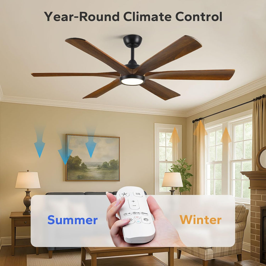 60 Inch Indoor Outdoor Ceiling Fan with Light and Remote - Modern Farmhouse Style, 6 Solid Wood Blades, High CFM Quiet Reversible Energy Efficient DC Motor, Damp-rated for Patios Porch Gazebo Garage